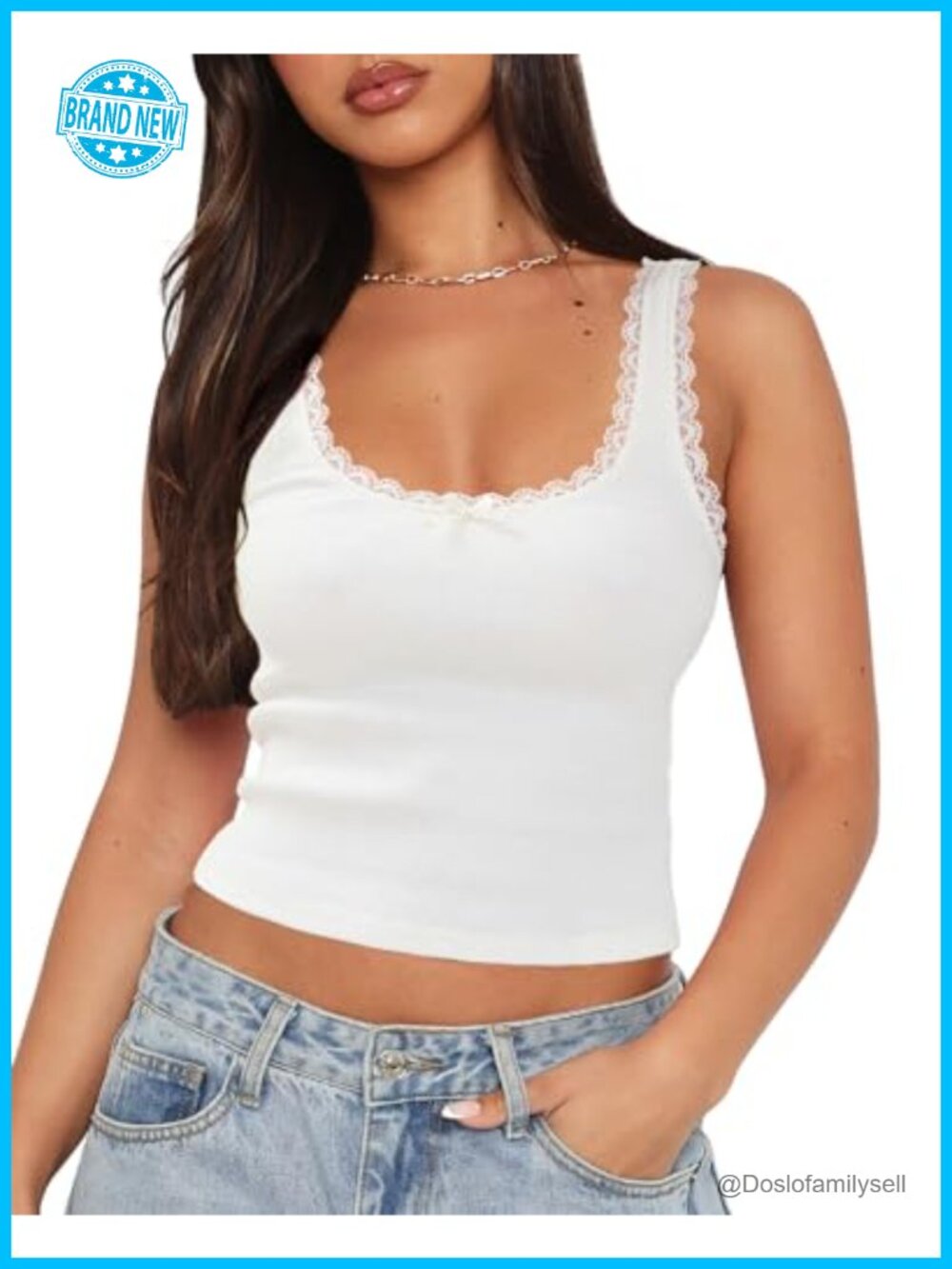Women's Ribbed Knit Bow Lace Trim Square Neck Tank Top